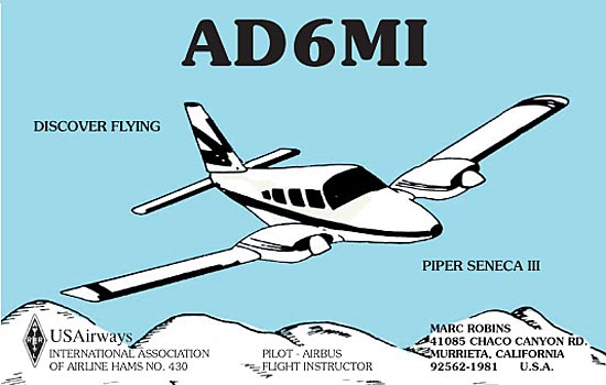 custom QSL cards with an airplane design on front